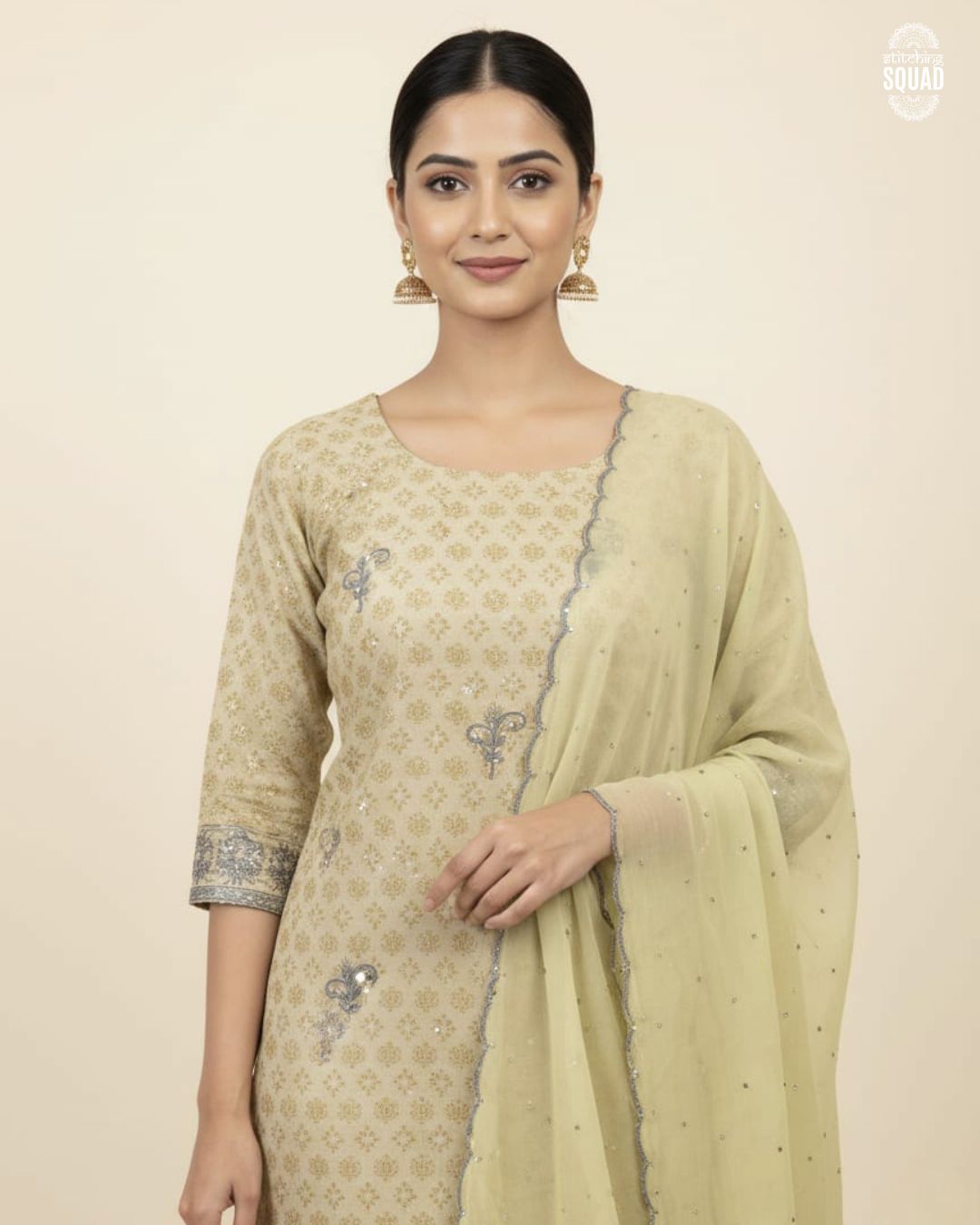 Printed Organza Suit with Grey Thread & Cutdana Embroidery