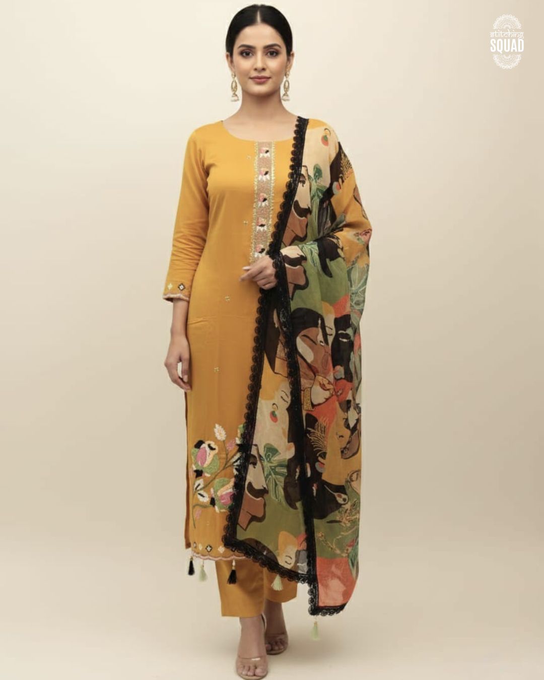 Satin Organza Suit with Multicolour Beadwork & Printed Dupatta