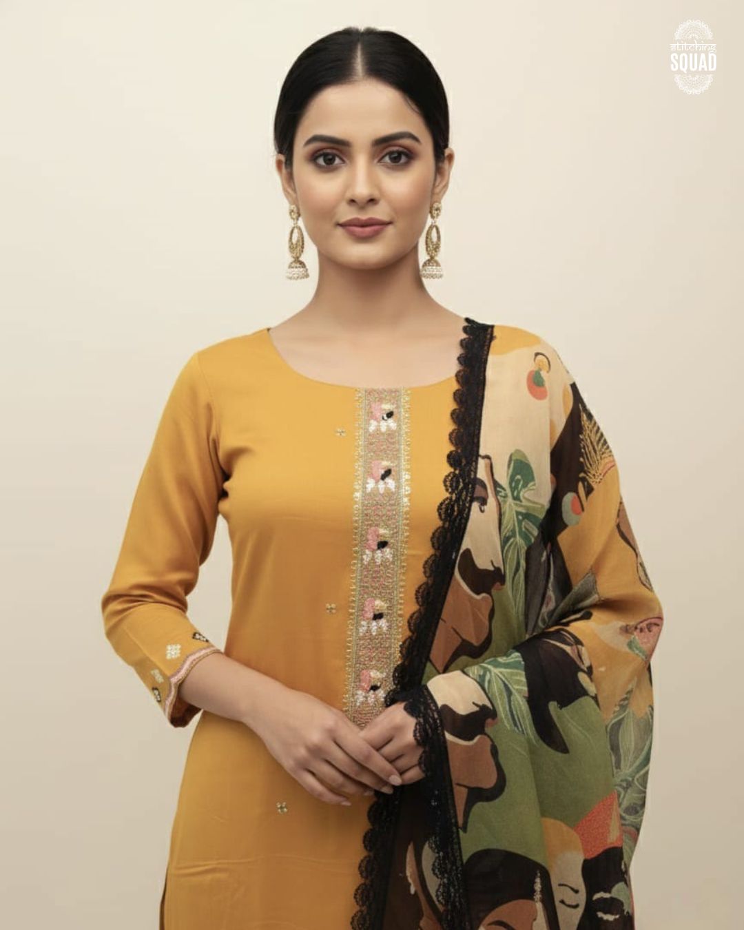 Satin Organza Suit with Multicolour Beadwork & Printed Dupatta