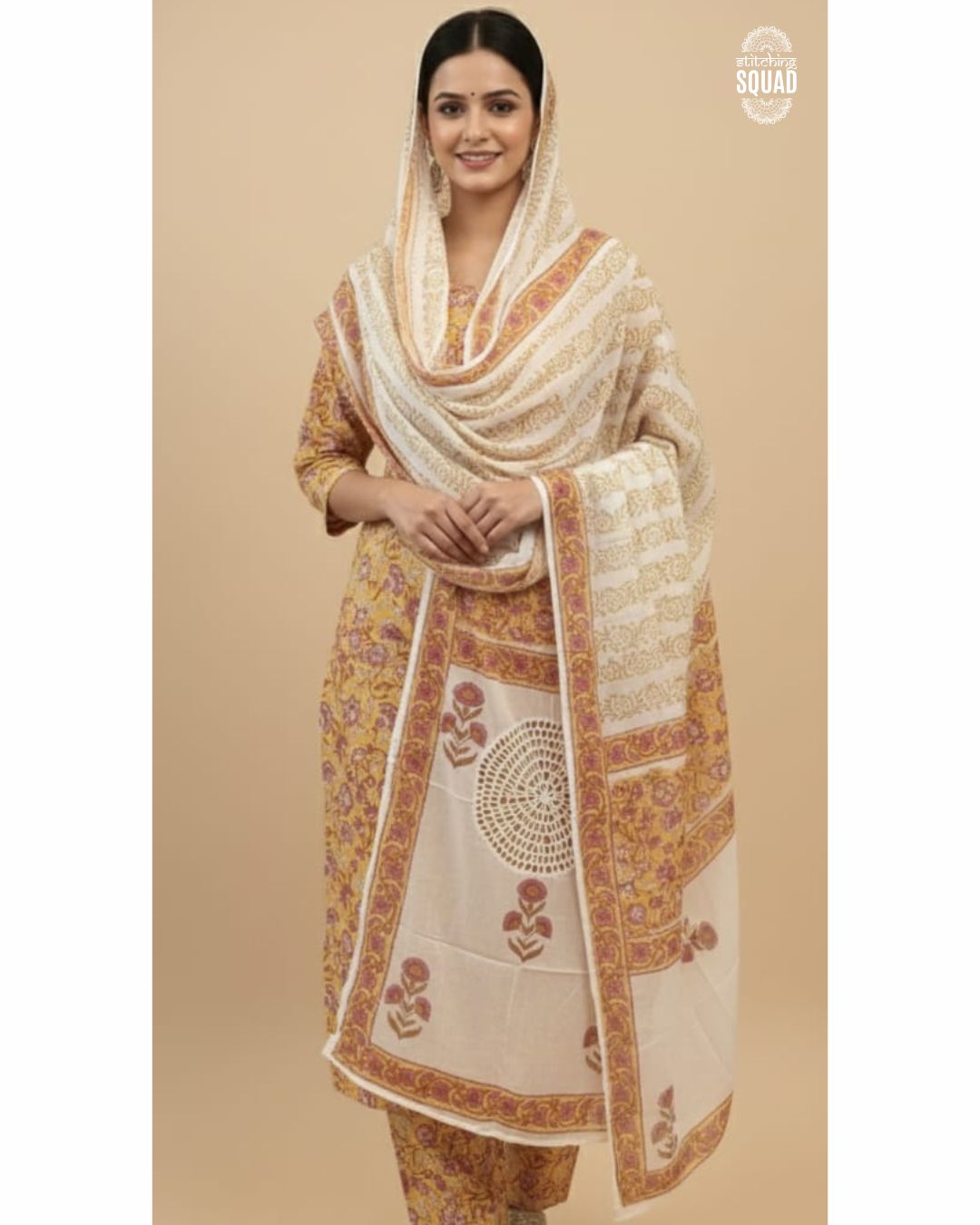 Unstitched Cotton Suit with All-Over Prints & Crochet Lace Dupatta