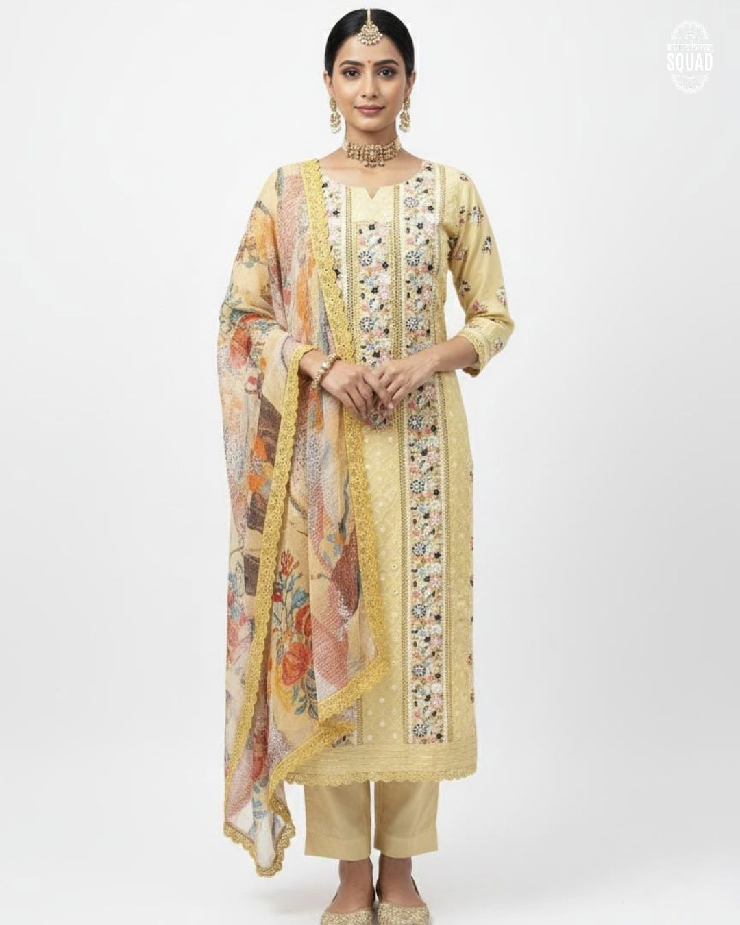 Crochet Work Unstitched Suit with Machine Embroidery & Printed Chiffon Dupatta
