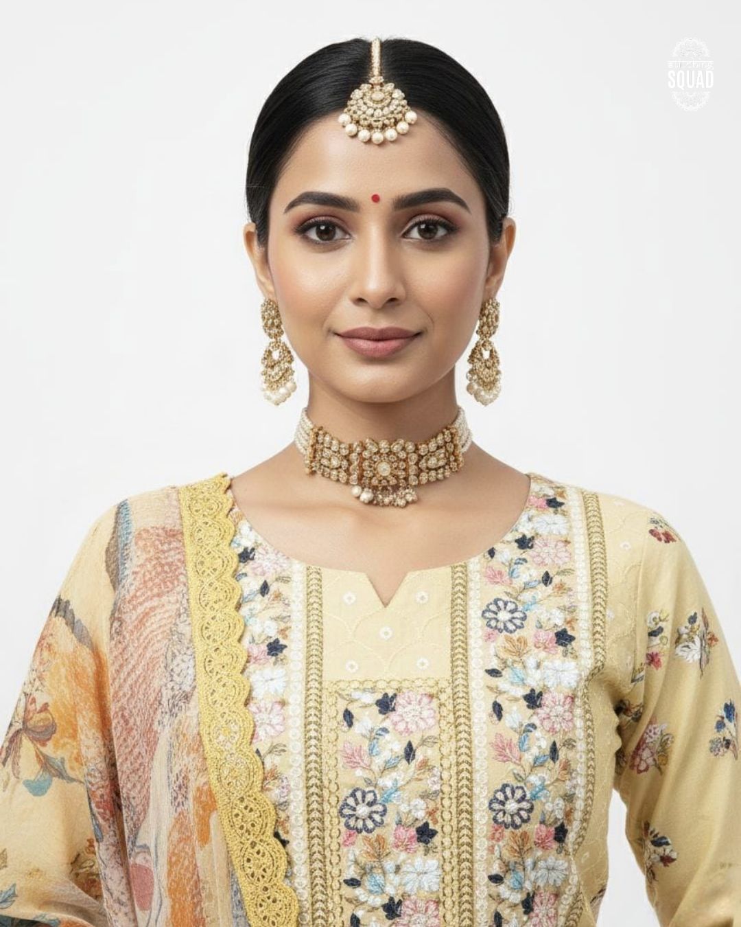 Crochet Work Unstitched Suit with Machine Embroidery & Printed Chiffon Dupatta