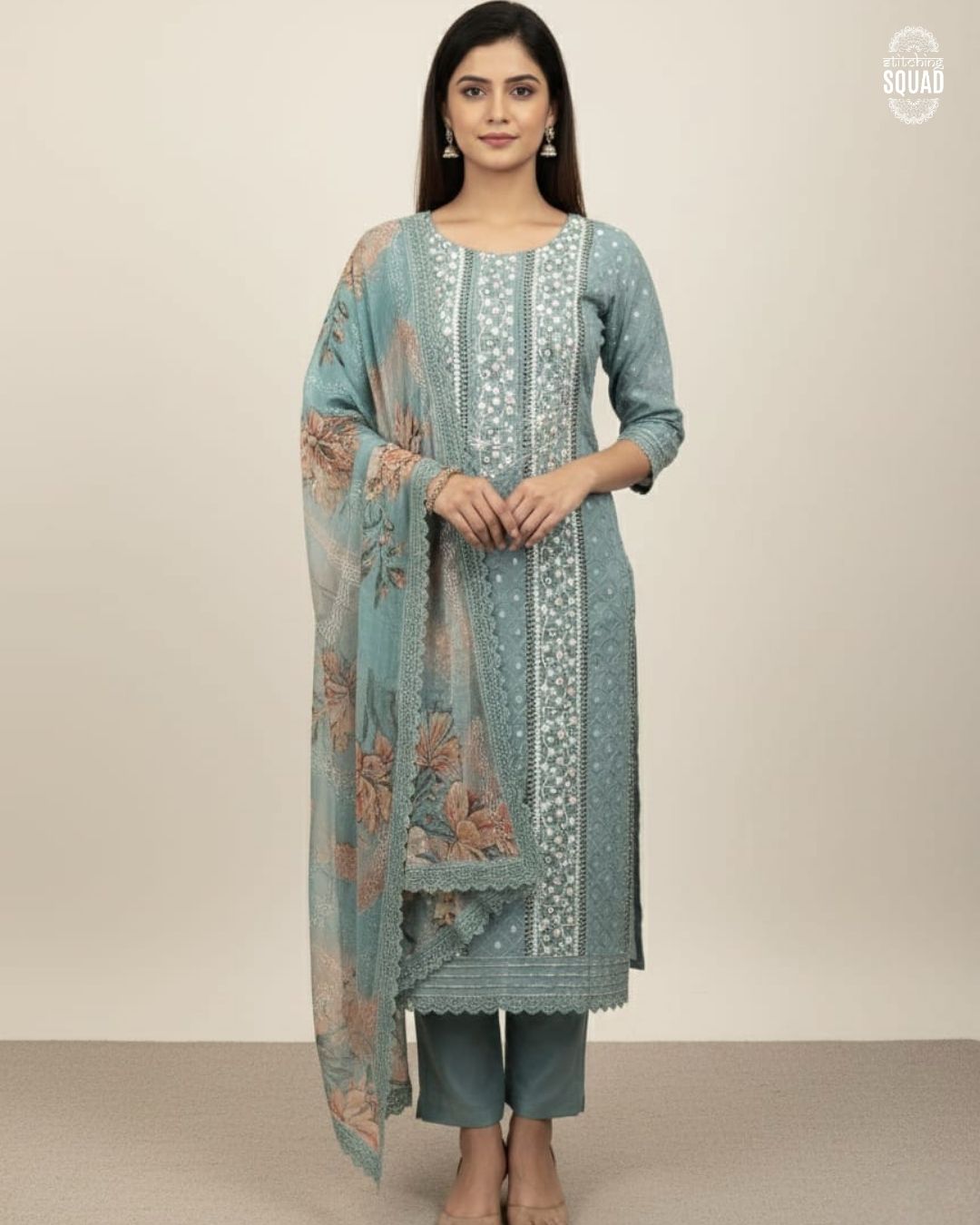 Crochet Work Unstitched Suit with Machine Embroidery & Printed Chiffon Dupatta