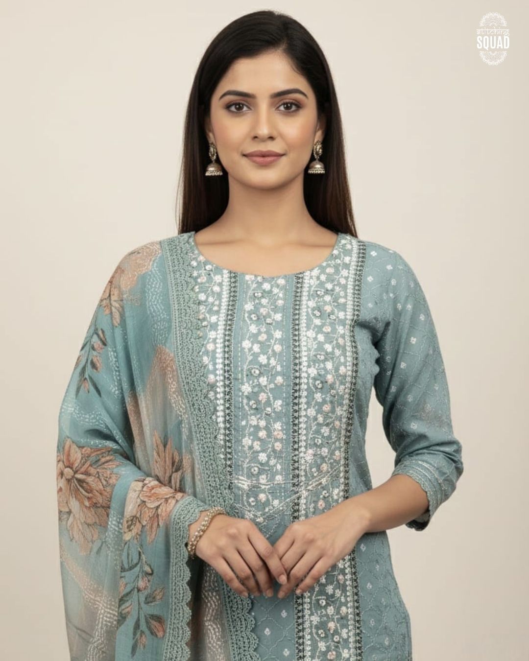 Crochet Work Unstitched Suit with Machine Embroidery & Printed Chiffon Dupatta