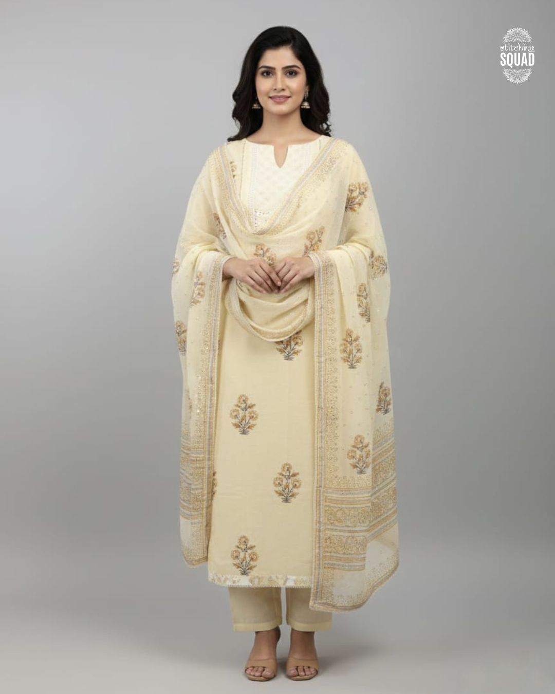 Floral  Printed Cotton Suit with Chiffon Dupatta