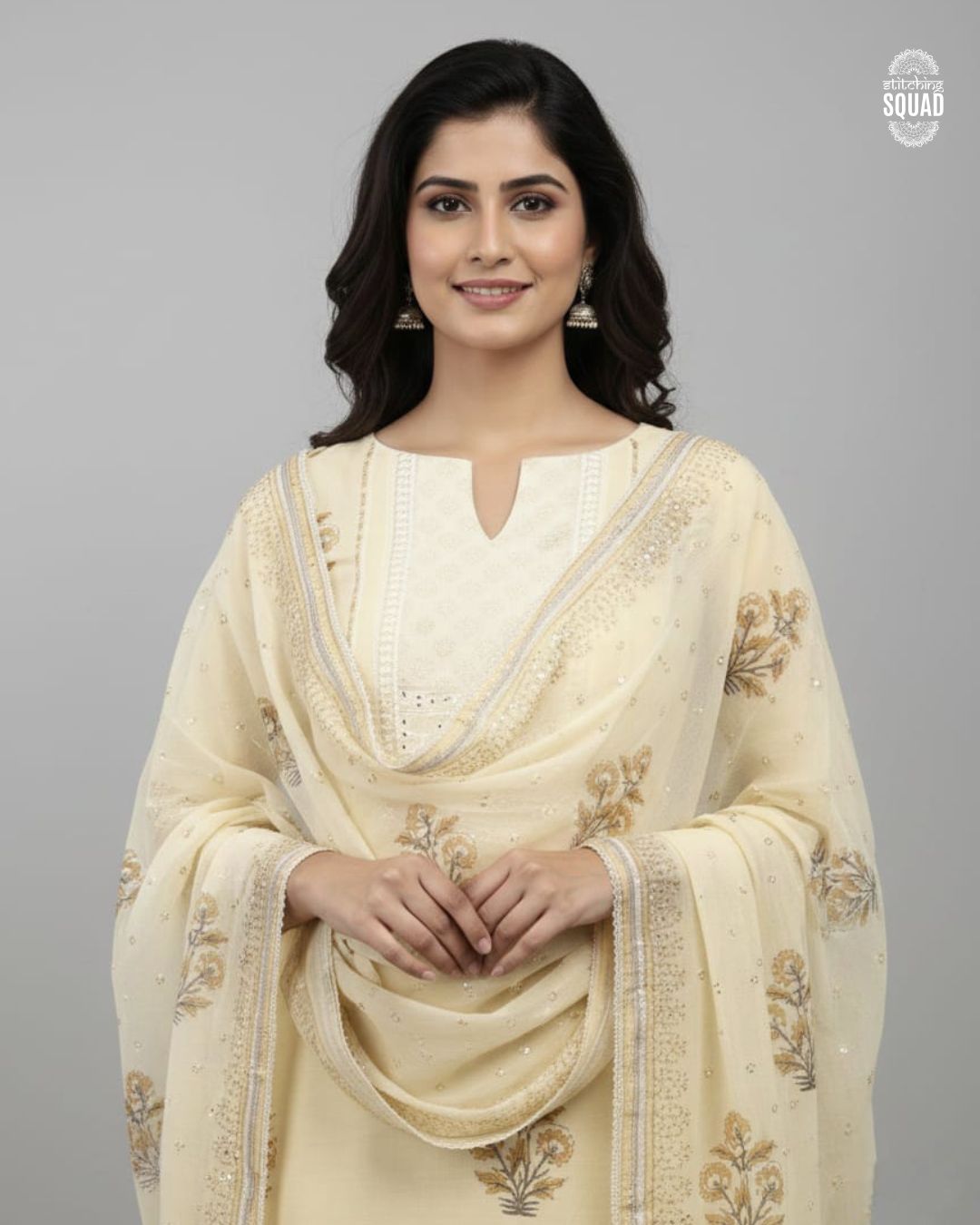 Floral  Printed Cotton Suit with Chiffon Dupatta