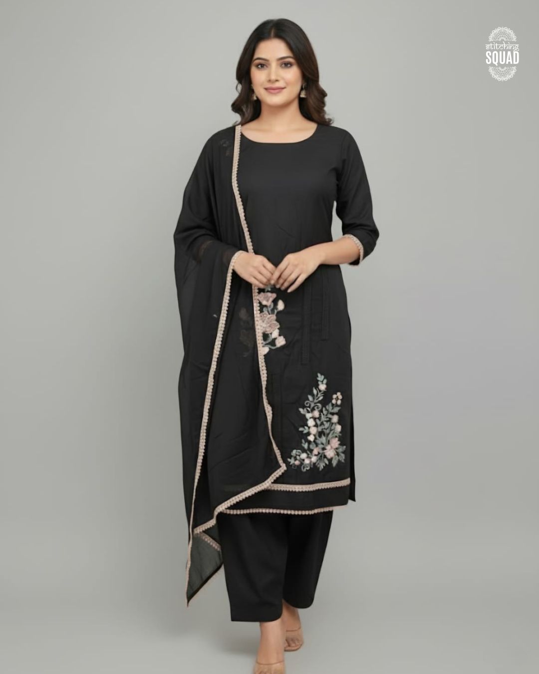 Elegant Black Cotton Suit with Floral Machine Embroidery & Crochet Lace Dupatta