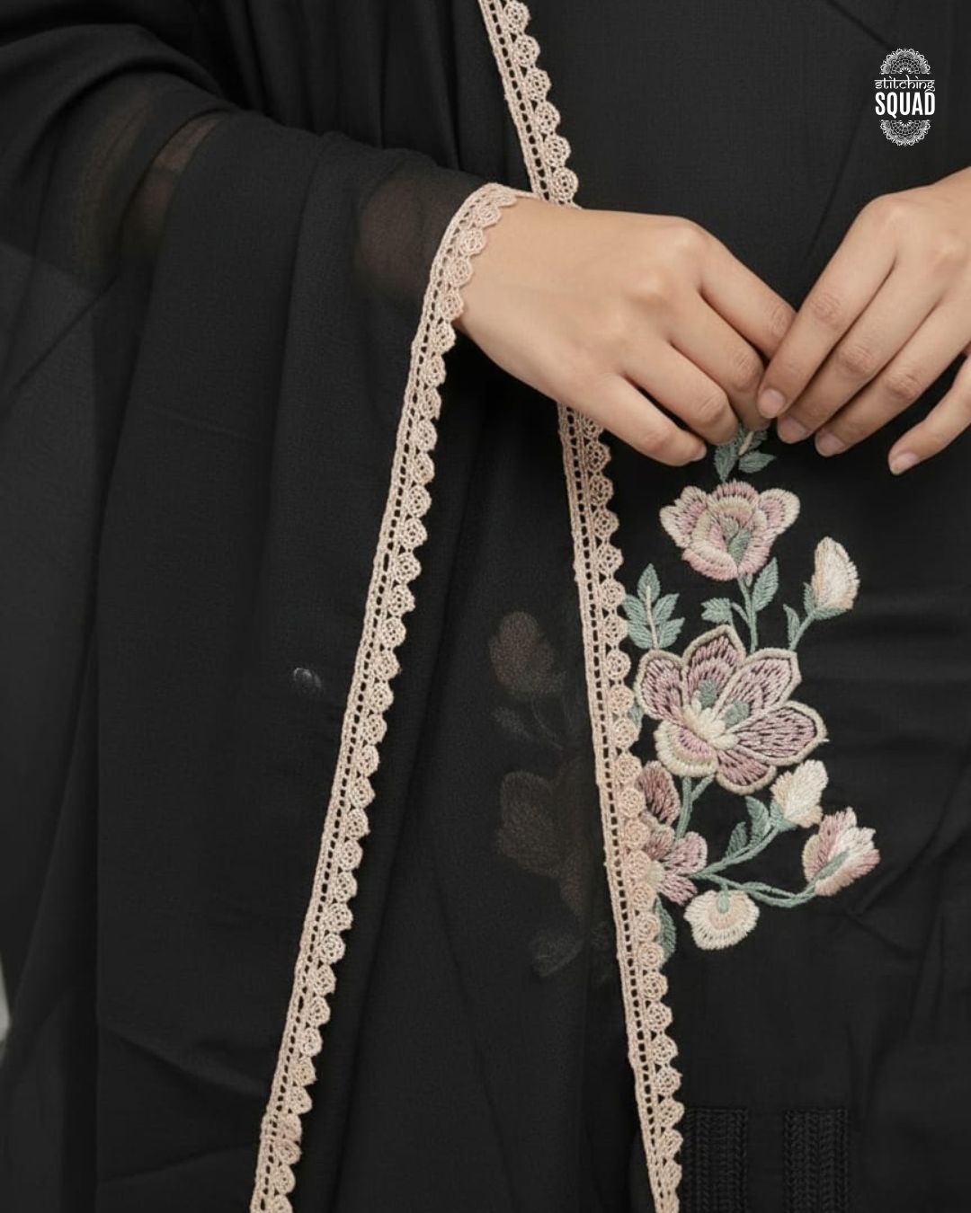 Elegant Black Cotton Suit with Floral Machine Embroidery & Crochet Lace Dupatta