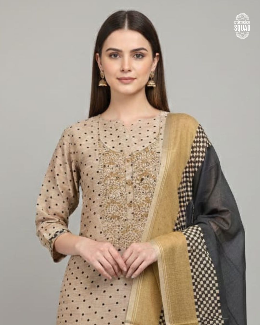 Chanderi Silk Unstitched Suit with Reshmi Dhakai Embroidered Neckline & Checkered Dupatta