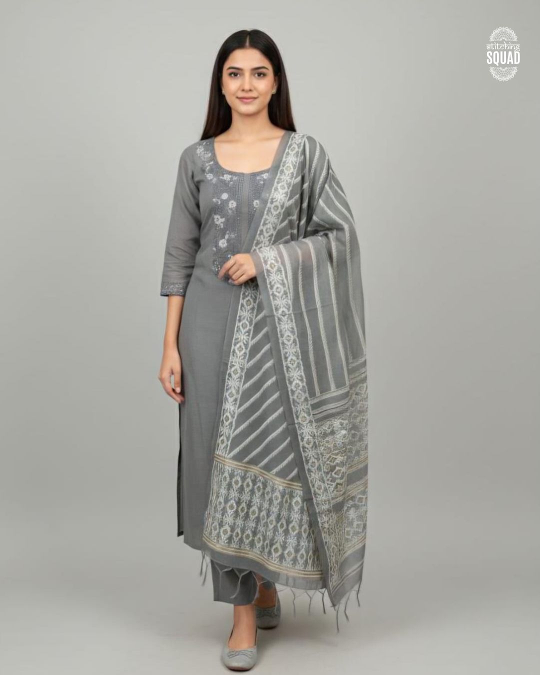 Elegant  Unstitched Chanderi Suit with Reshmi Dhakai Work & Geometric Dupatta