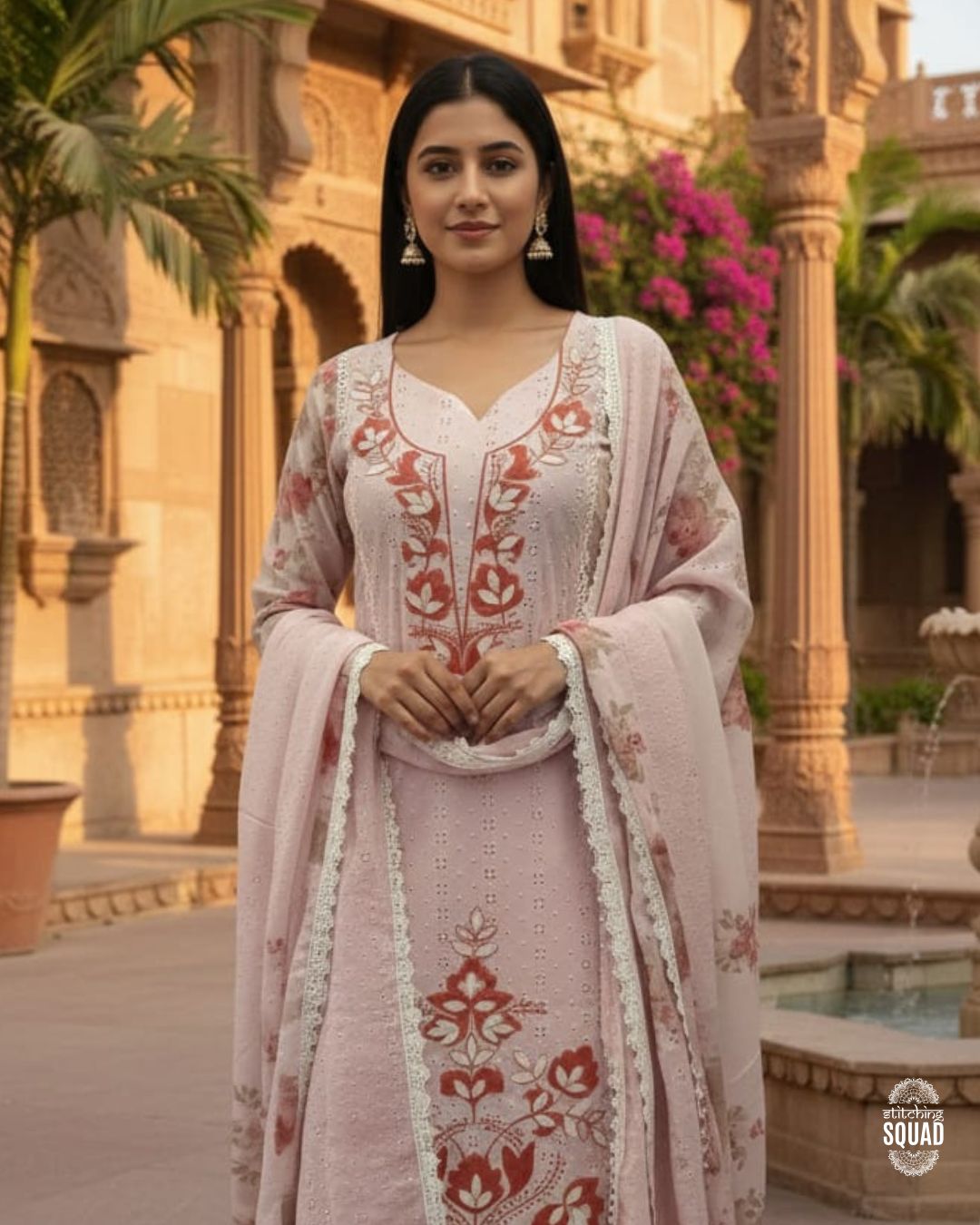 Cotton Hakoba Patch Work Suit Set with Crochet Lace Dupatta