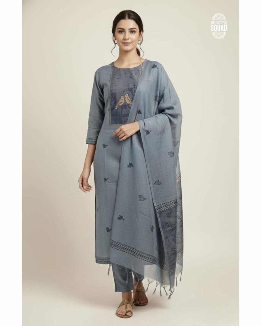 Graceful Jamdani Unstitched Suit Set with Bird Motif Yoke