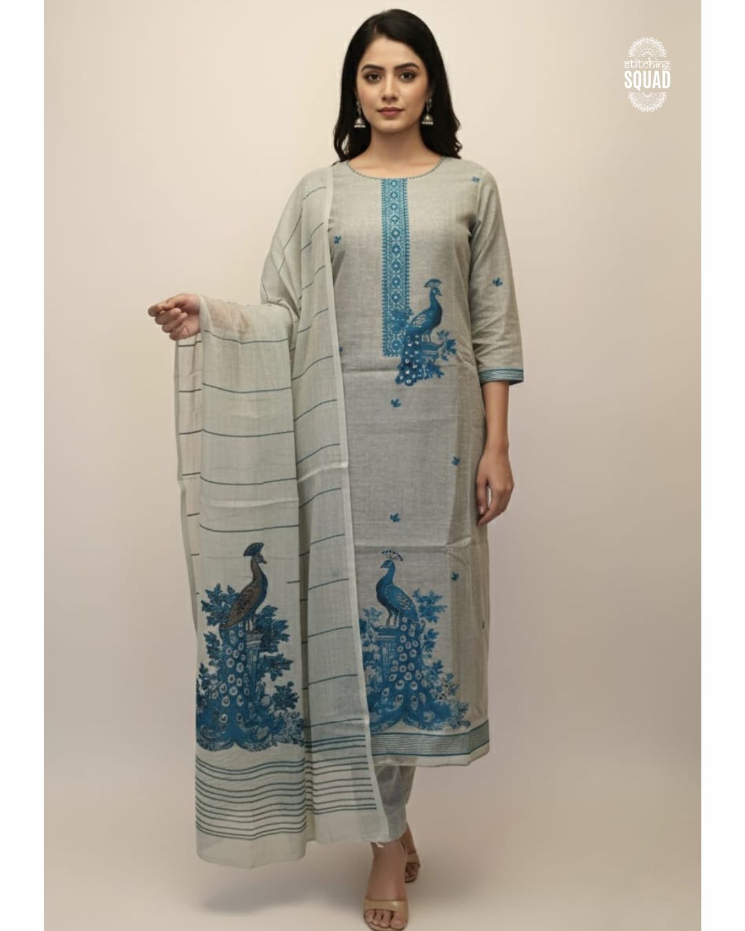 Elegant Linen Unstitched Suit Set with Peacock Motif
