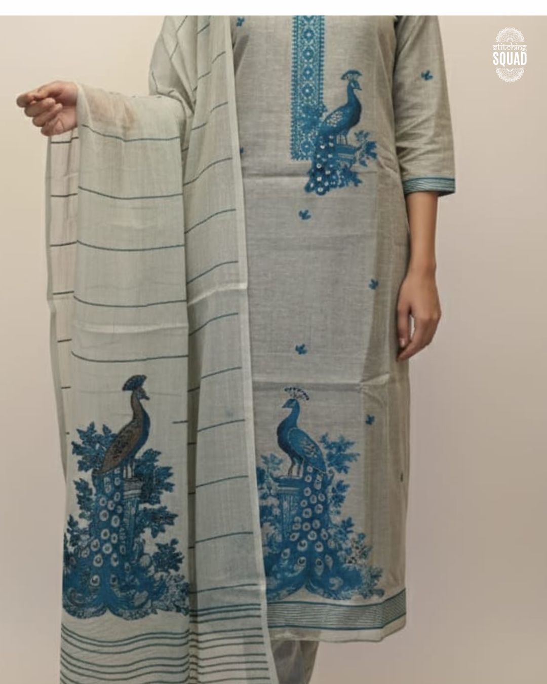 Elegant Linen Unstitched Suit Set with Peacock Motif
