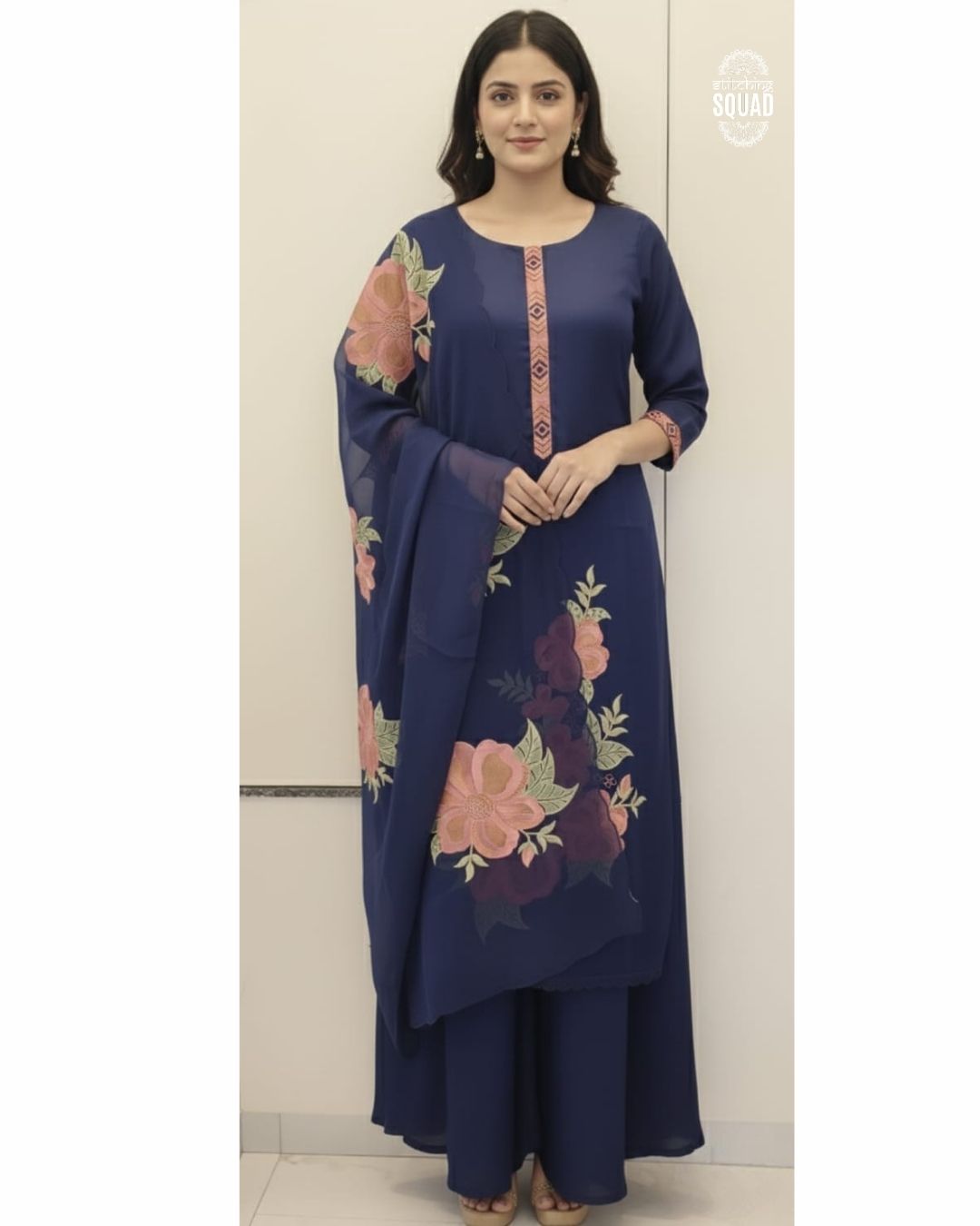 Satin Organza Unstitched Suit with Floral Machine Embroidered Patchwork & Sheer Organza Dupatta