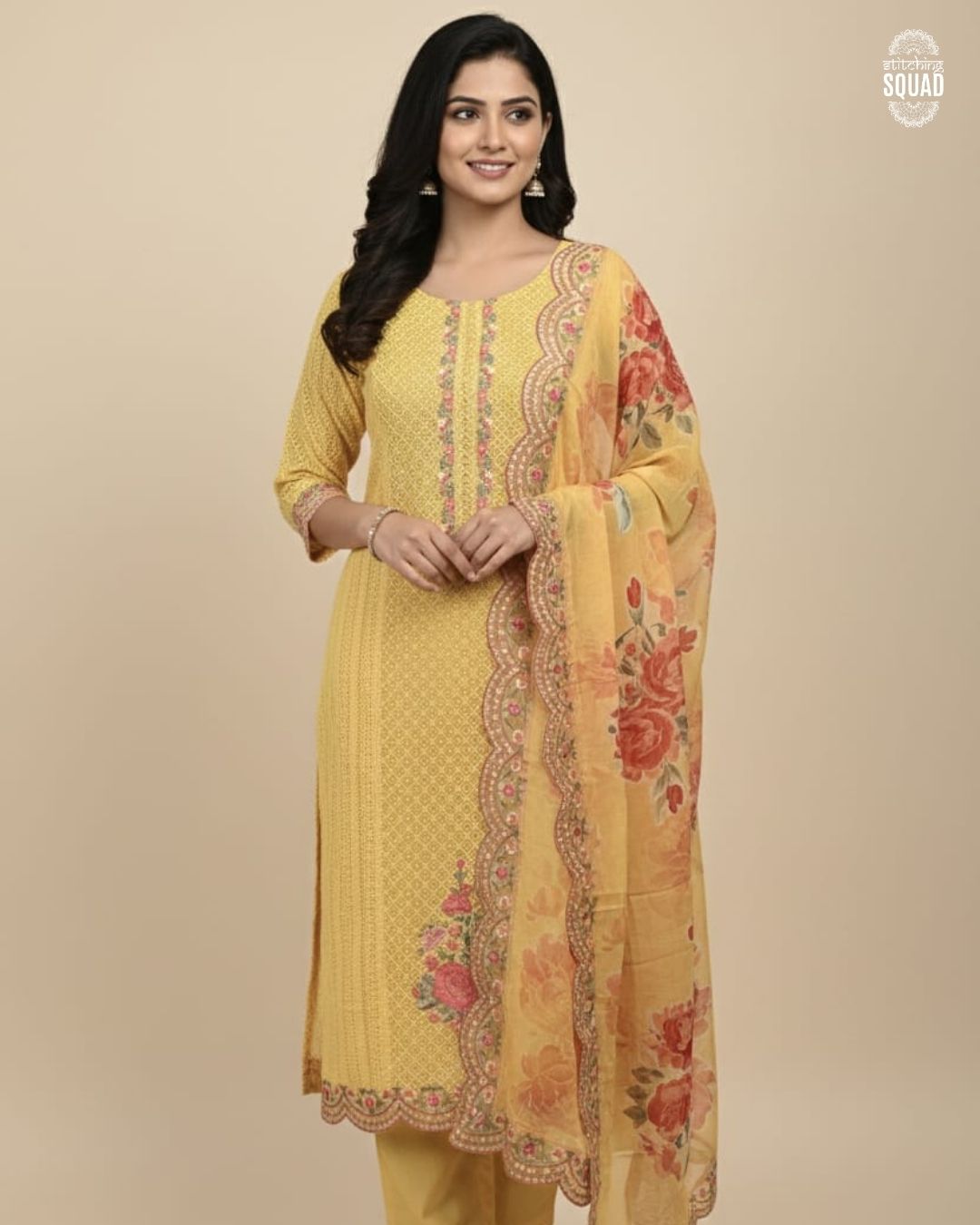 Crochet Base Organza Suit with Machine Embroidered Borders & Printed Organza Dupatta