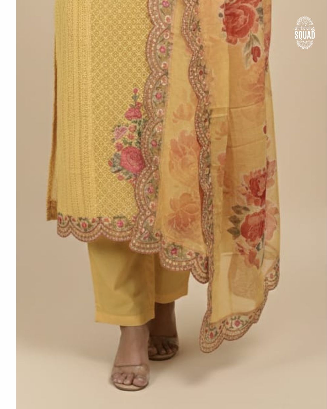 Crochet Base Organza Suit with Machine Embroidered Borders & Printed Organza Dupatta