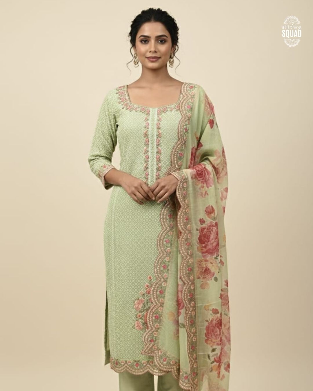 Crochet Base Organza Suit with Machine Embroidered Borders & Printed Organza Dupatta