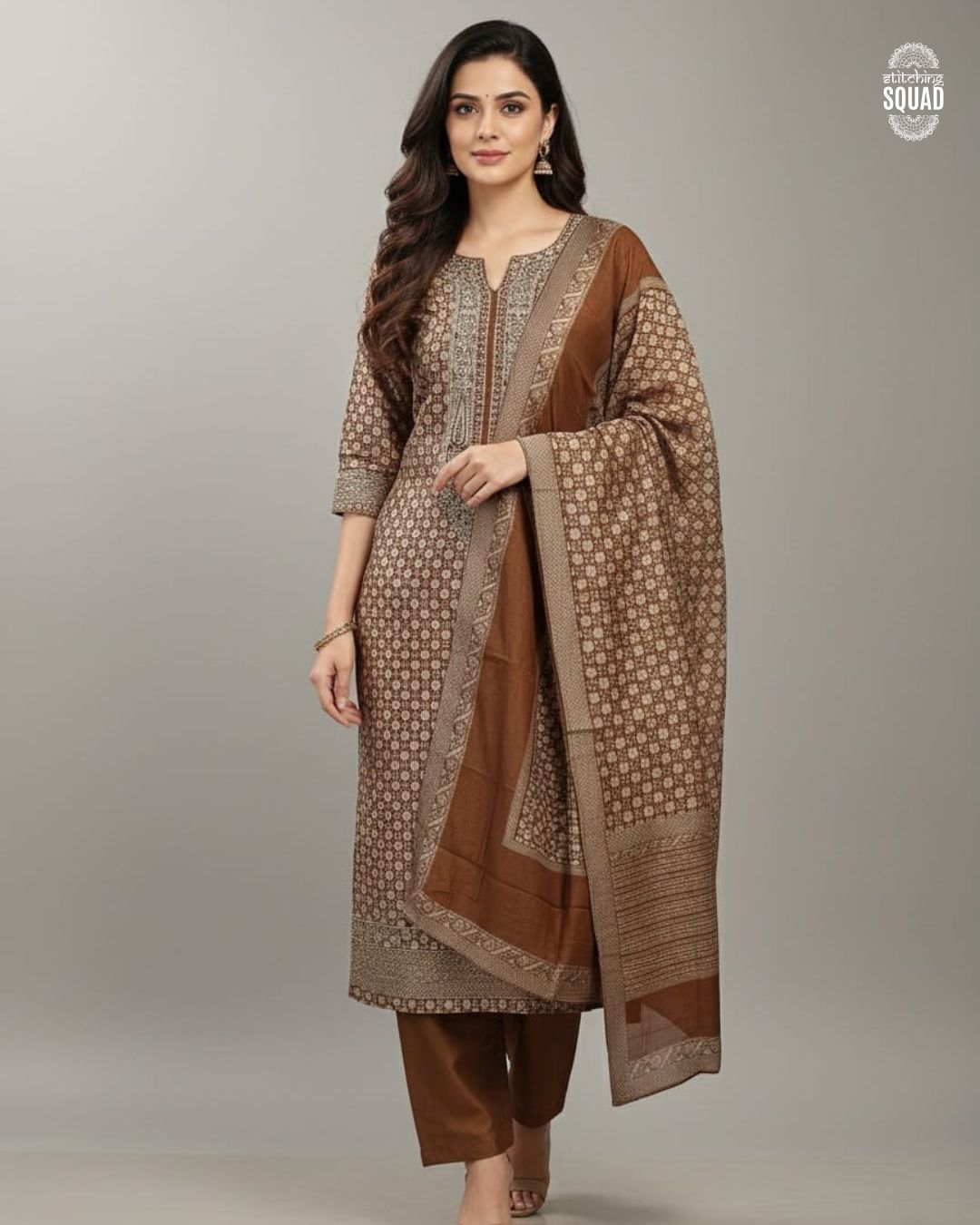 The Gilded Brocade: Woven Elegance with Machine-Embroidered Yoke.