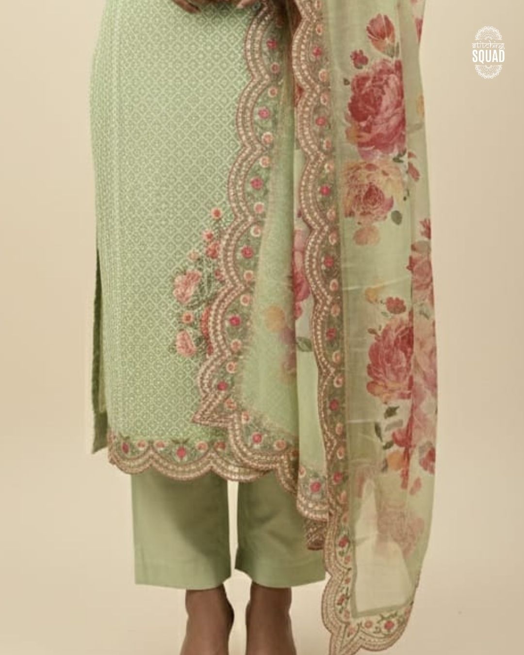 Crochet Base Organza Suit with Machine Embroidered Borders & Printed Organza Dupatta