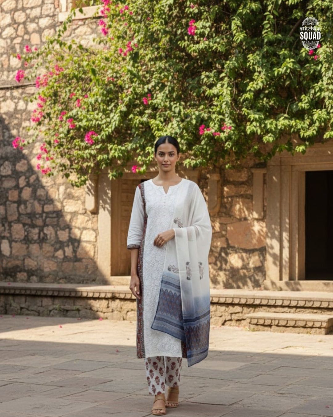 Elegant Fusion Cotton Suit – Chikankari Front with Classic Block Print Charm