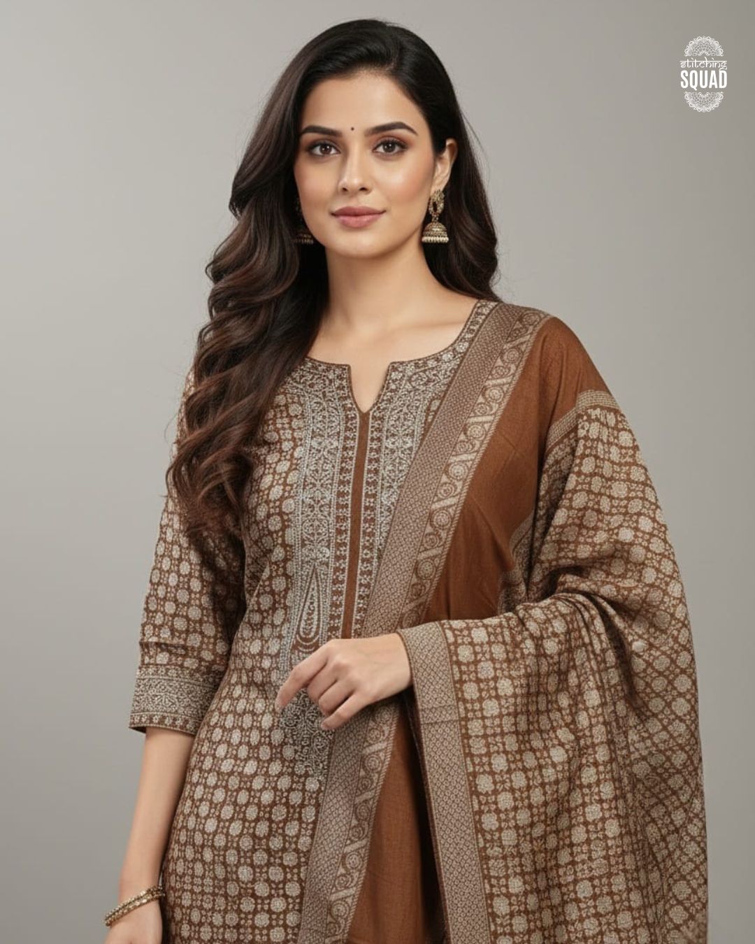 The Gilded Brocade: Woven Elegance with Machine-Embroidered Yoke.