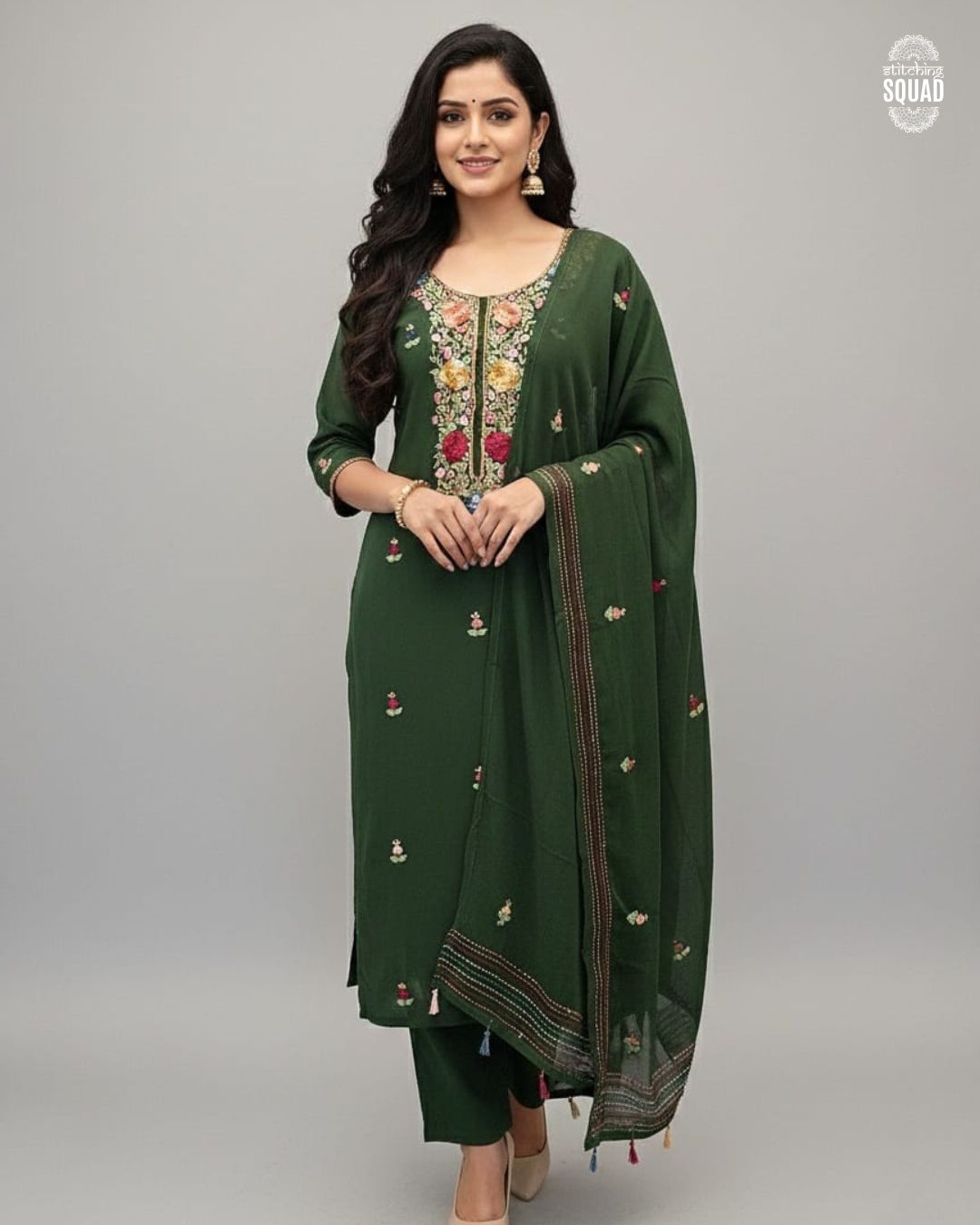 The Karachi Kaleidoscope: A vibrant celebration of multi-colored thread-work on flowy georgette unstitch suit.                         rget