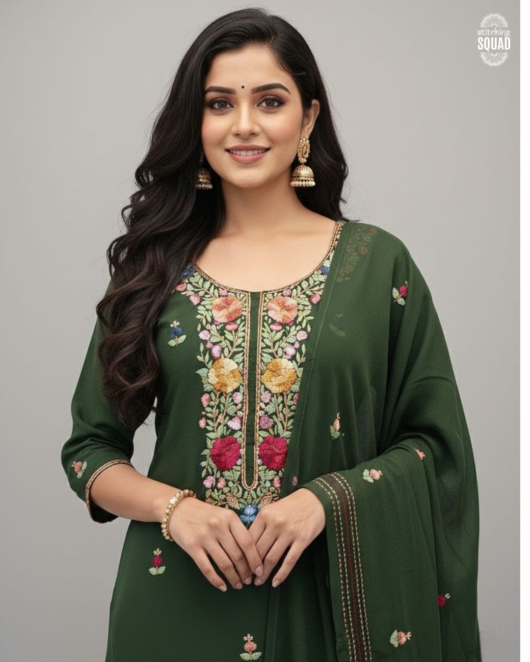 The Karachi Kaleidoscope: A vibrant celebration of multi-colored thread-work on flowy georgette unstitch suit.                         rget