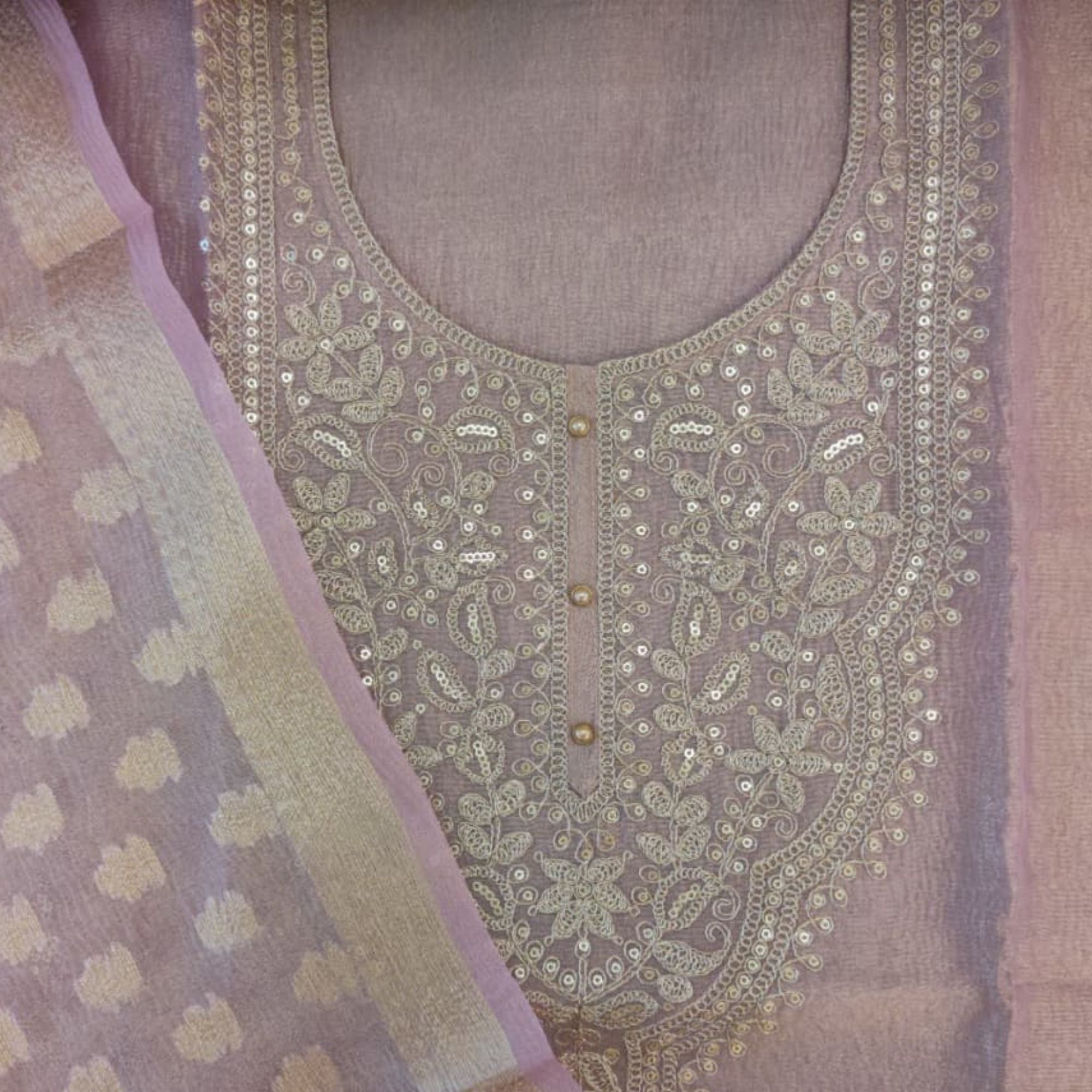 TISSUE UNSTITCH SUIT ,HIGHLIGHT WITH ZARI MACHINE EMBROIDERY