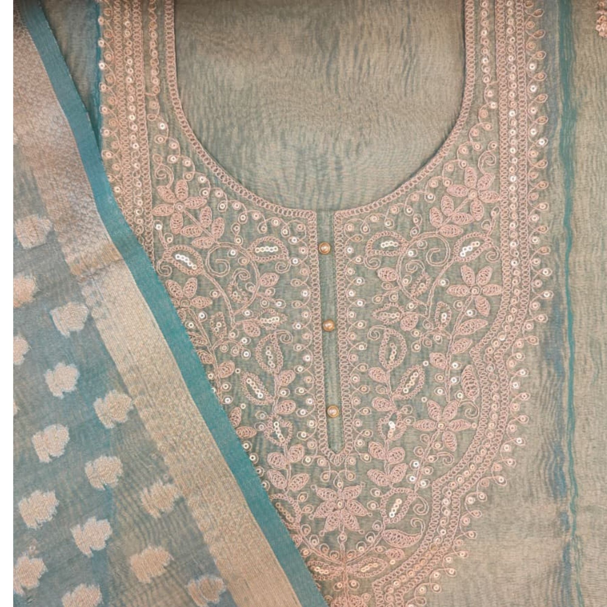 TISSUE UNSTITCH SUIT ,HIGHLIGHT WITH ZARI MACHINE EMBROIDERY