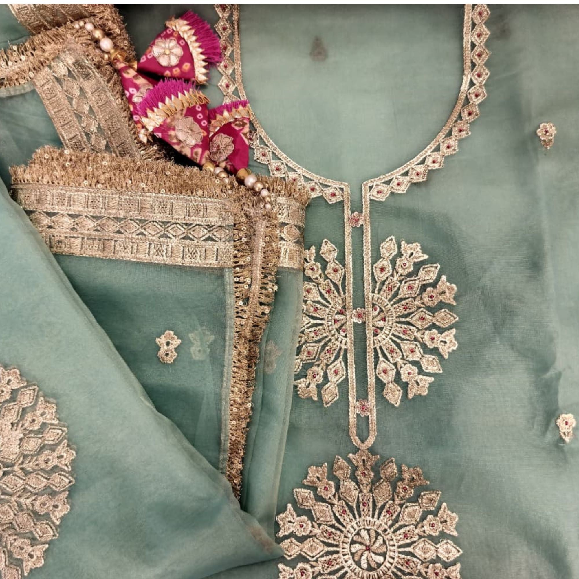 TISSUE UNSTITCH SUIT ADORNED WITH  MACHINE AND BEAD WORK