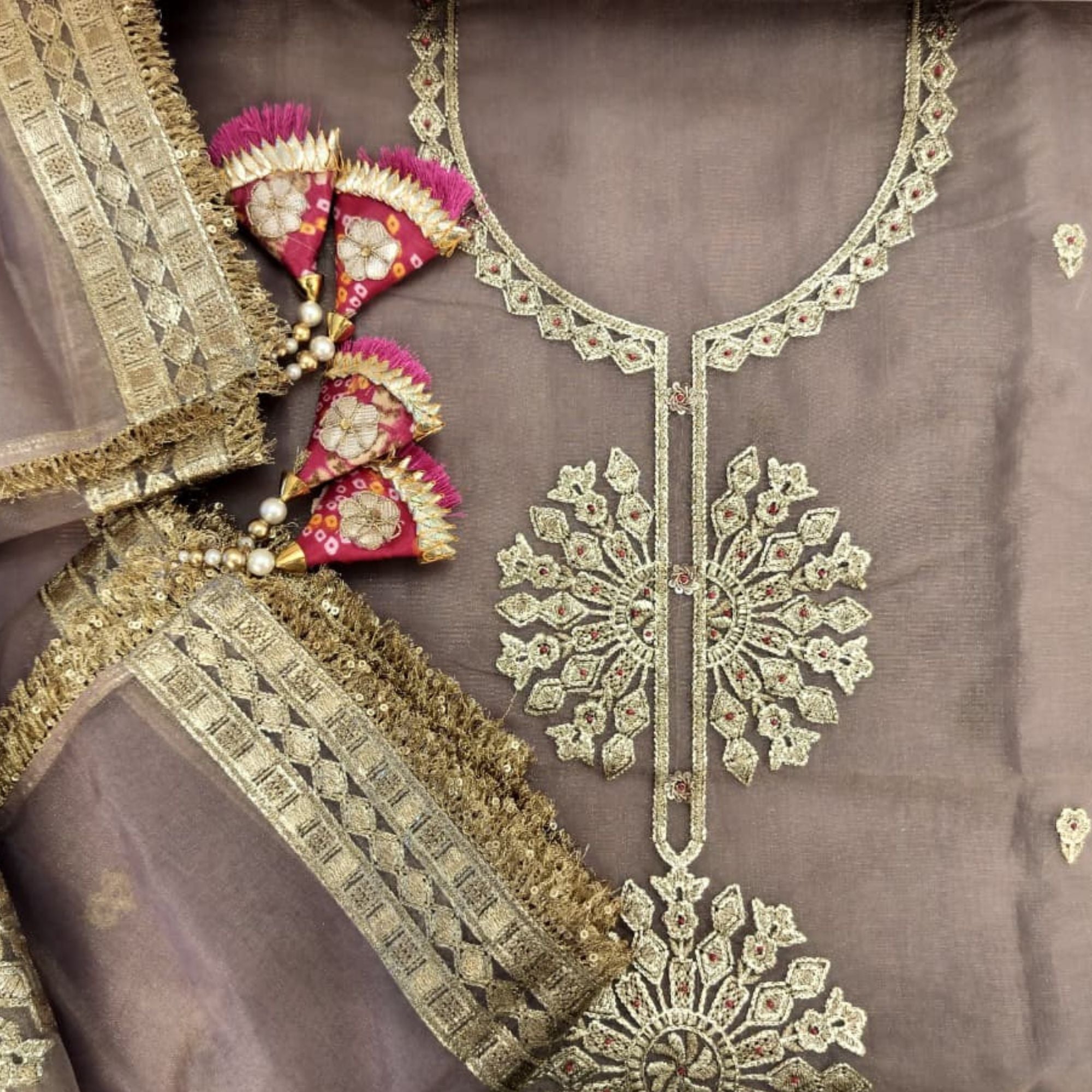 TISSUE UNSTITCH SUIT ADORNED WITH  MACHINE AND BEAD WORK