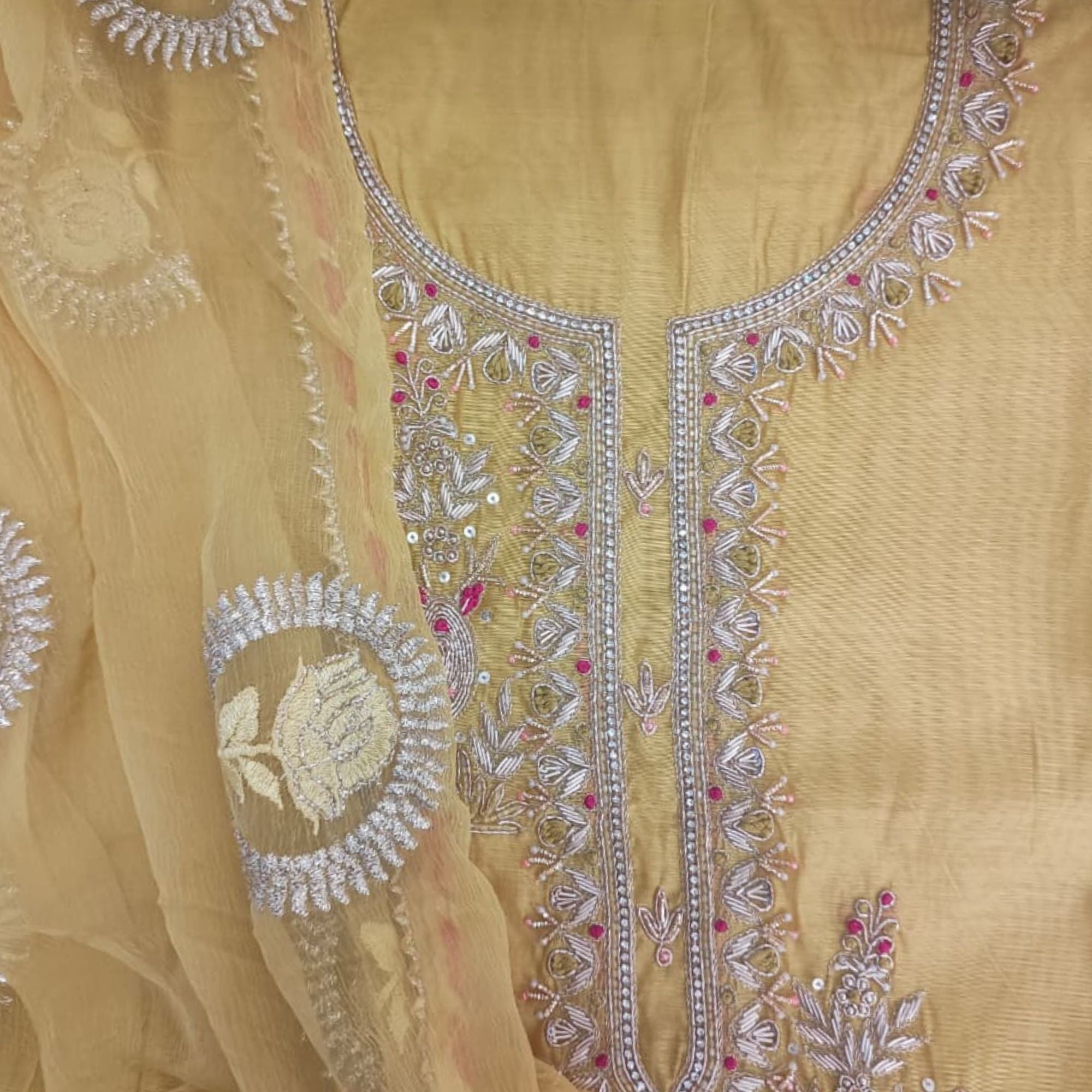 CHANDERI UNSTITCH SUIT HIGHLIGHT WITH HAND EMBROIDERY