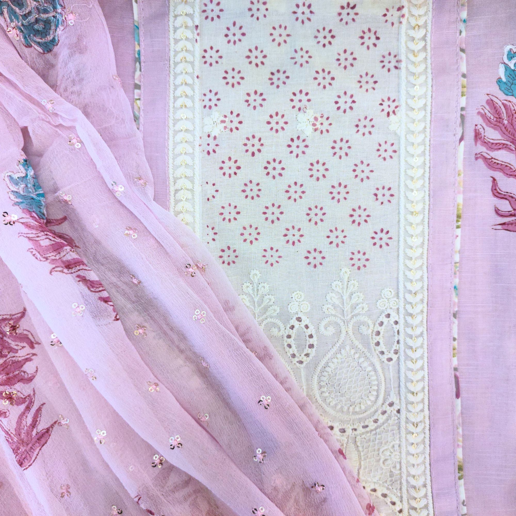 Traditional charm meets modern elegance – cotton suits for women with intricate machine embroidery yoke.