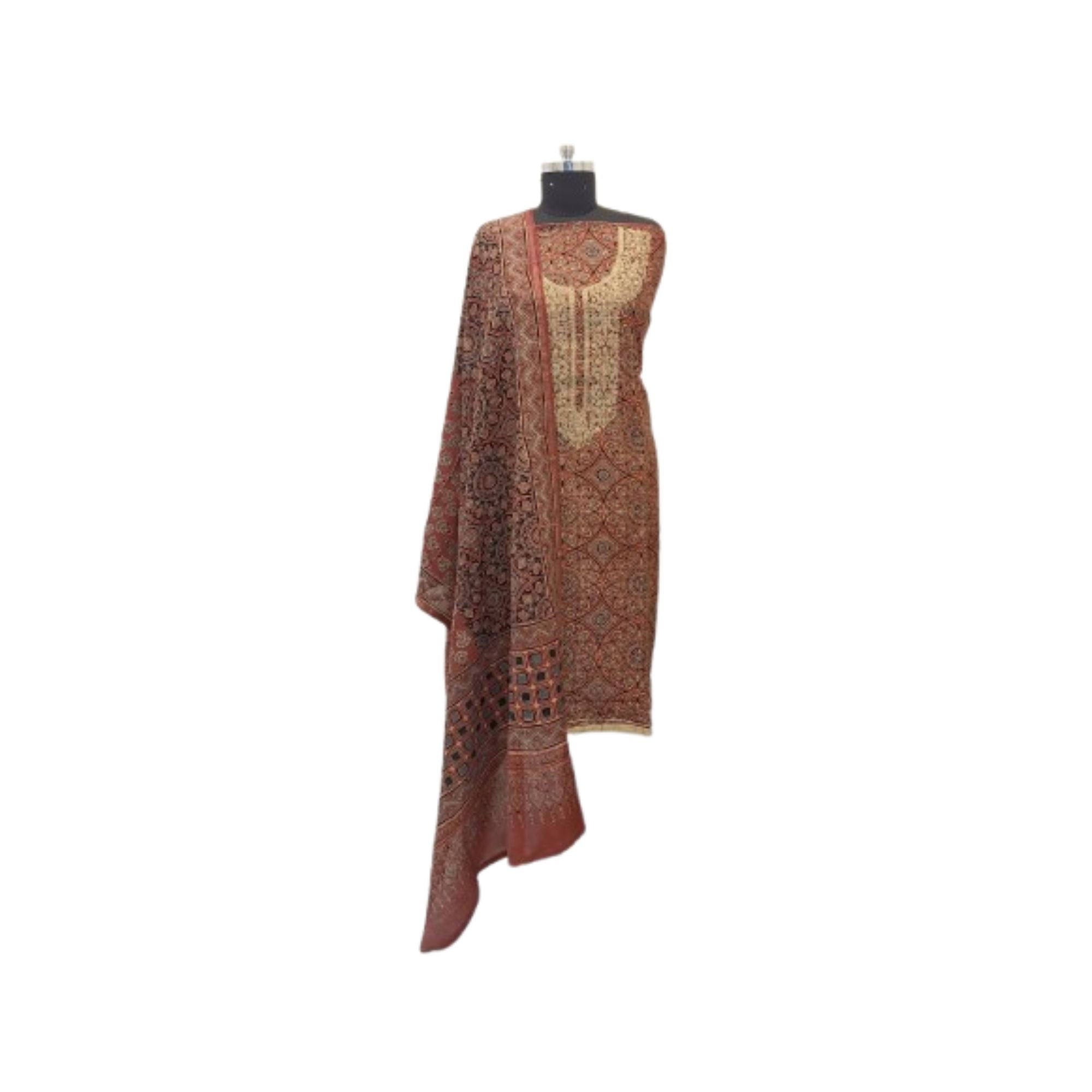 CHANDERI AJRAKH UNSTITCH SUIT HIGHLIGHT WITH ZARI EMBROIDERY