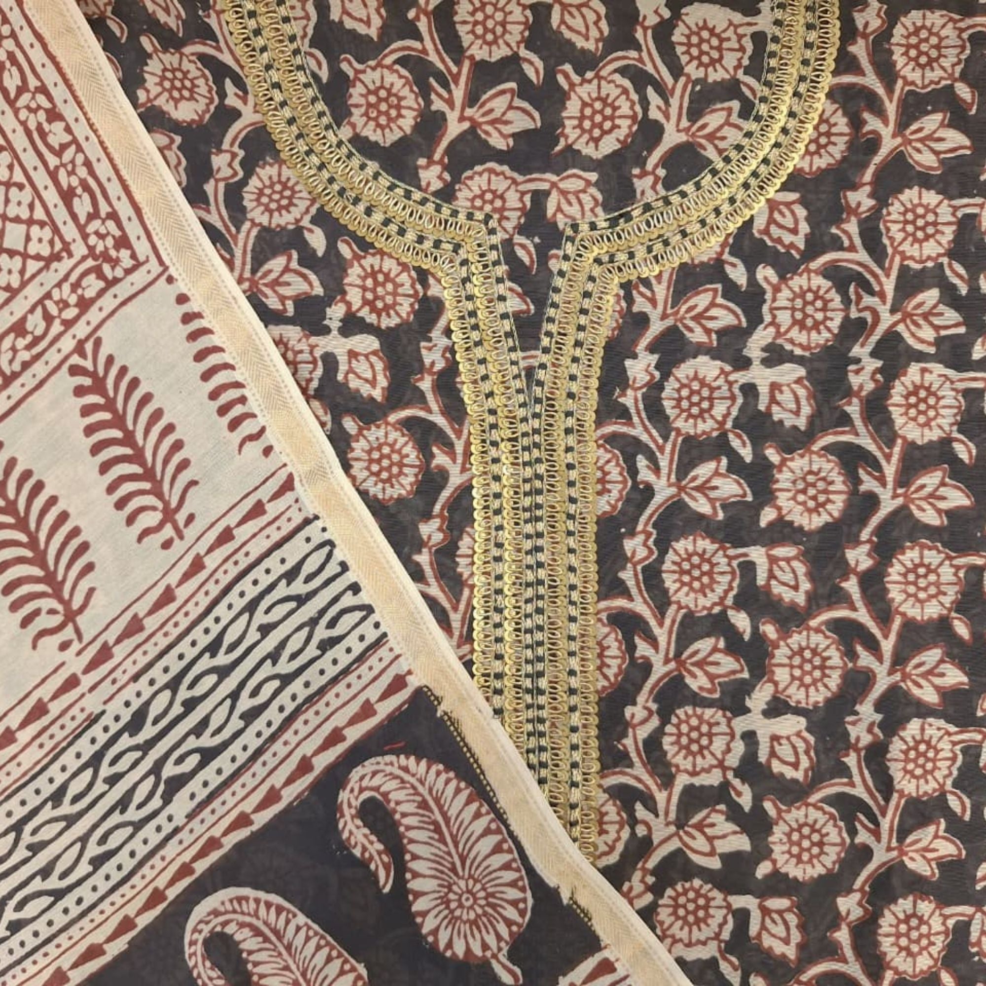 CHANDERI DABBU PRINT UNSTITCH SUIT HIGHLIGHT WITH ZARI EMBROIDERY