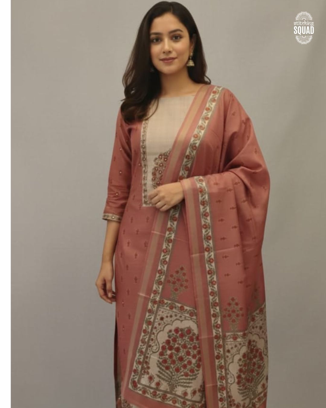 Elegant Tussar Silk Suit Set with Detailed Yoke & Printed Dupatta