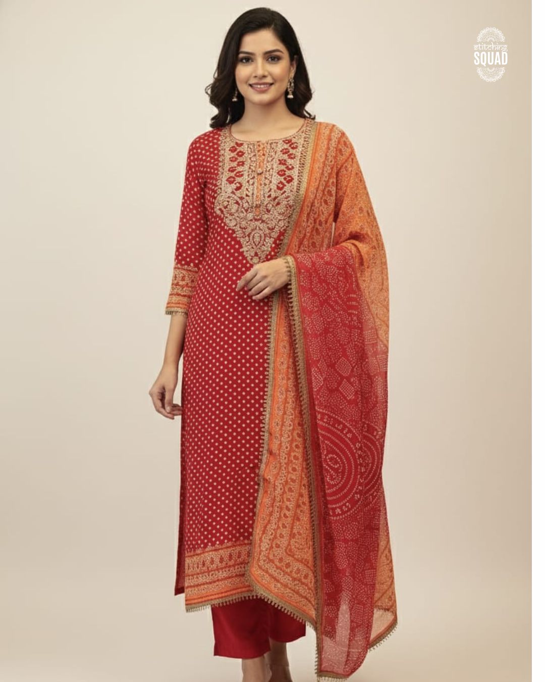 Bandhani Crape Silk Suit Set with Zari Neckline