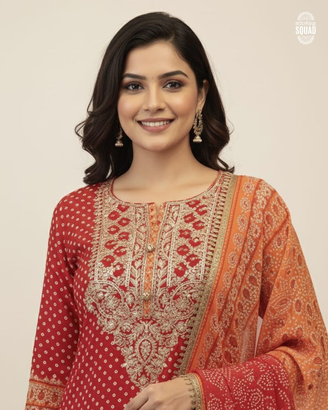 Bandhani Crape Silk Suit Set with Zari Neckline