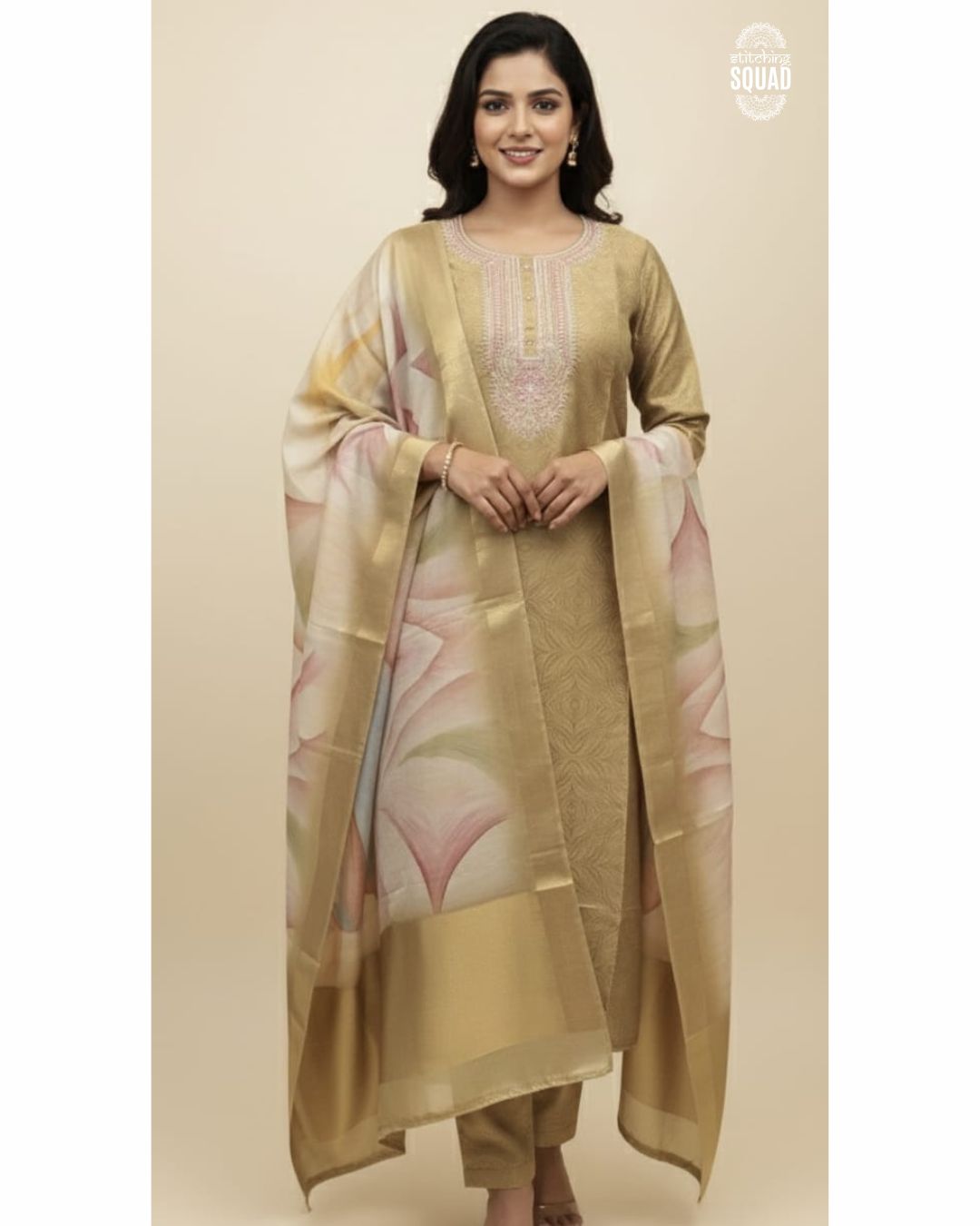 Champagne Gold Crush Tissue Suit with Zari Embroidery