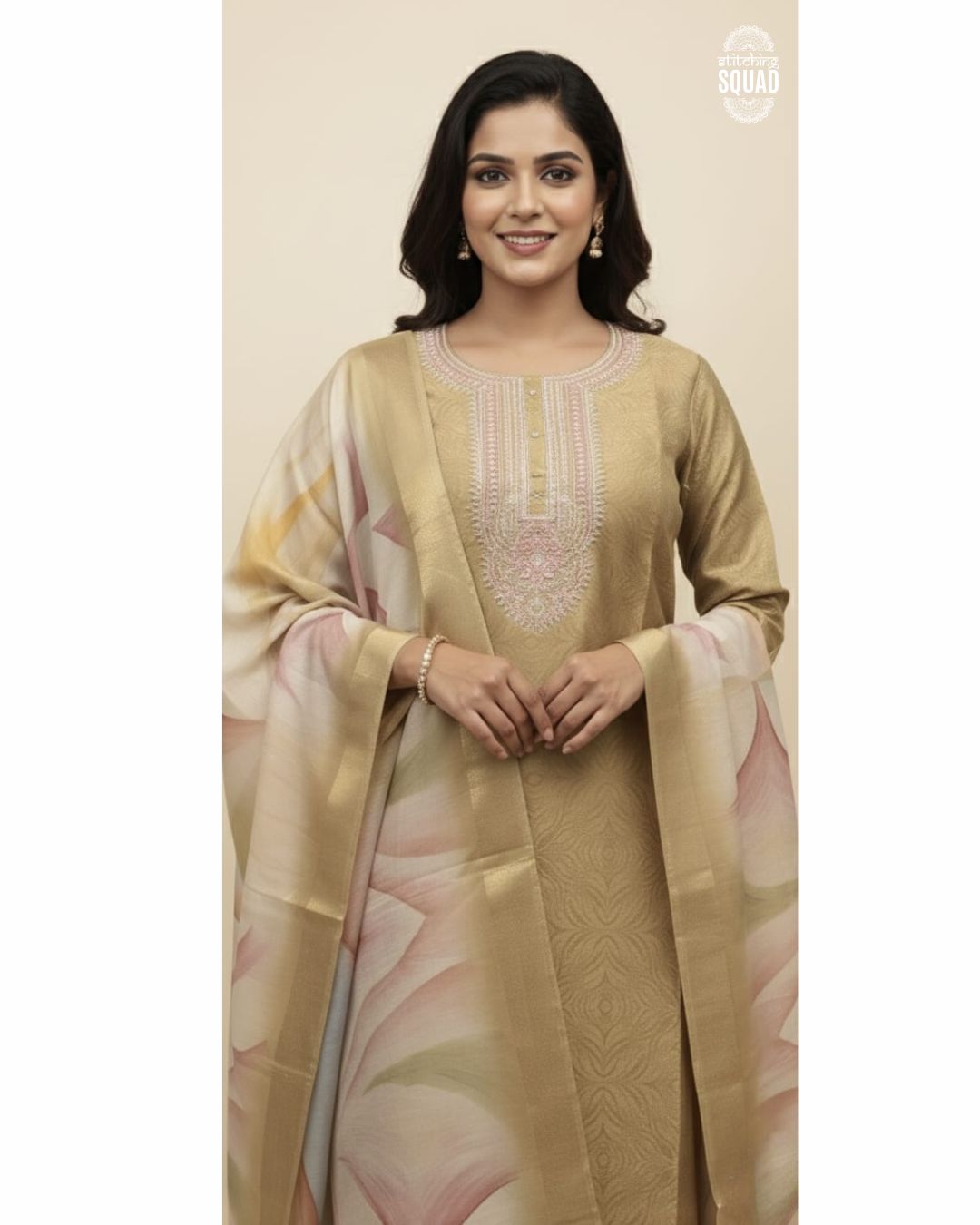 Champagne Gold Crush Tissue Suit with Zari Embroidery