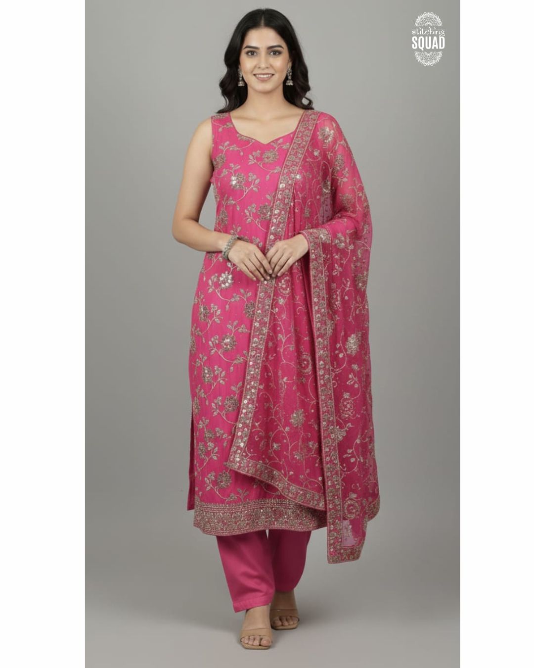 Elegant Chinnon Embroidered Suit Set with Heavy Chiffon Dupatta