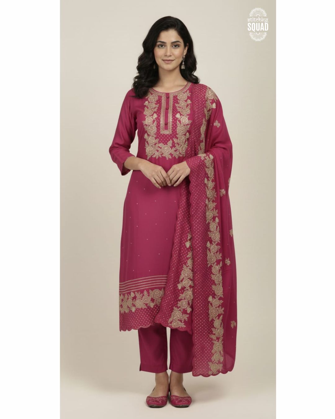 Chinnon Embroidered Yoke Suit Set with Matching Embroidered Dupatta