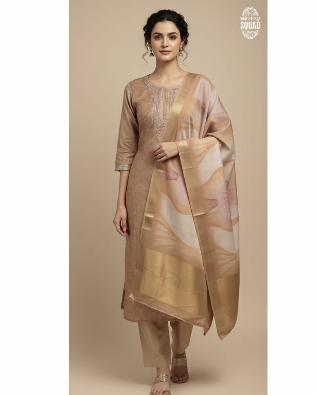 Champagne Gold Crush Tissue Suit with Zari Embroidery