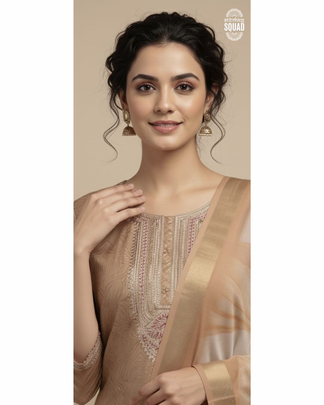 Champagne Gold Crush Tissue Suit with Zari Embroidery