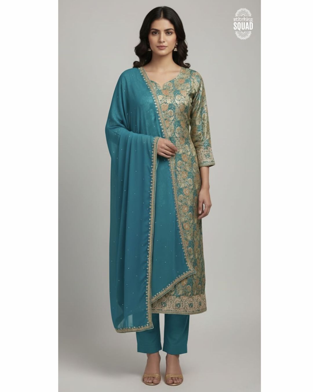Teal Brocade Embroidered Suit Set with Chinnon Dupatta
