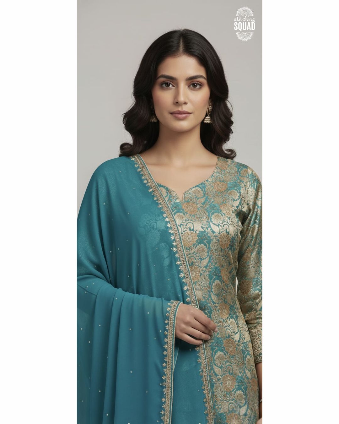 Teal Brocade Embroidered Suit Set with Chinnon Dupatta