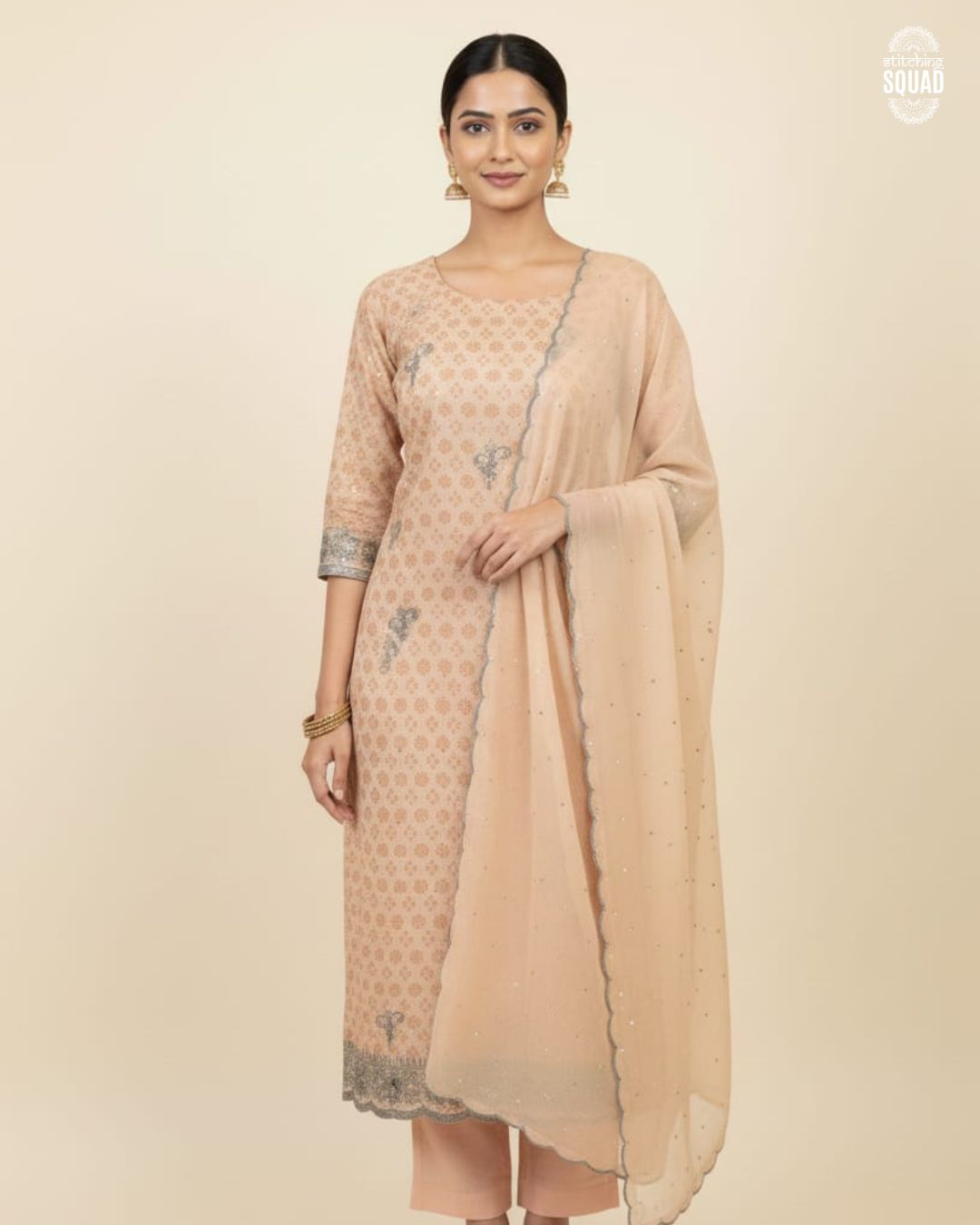 Printed Organza Suit with Grey Thread & Cutdana Embroidery