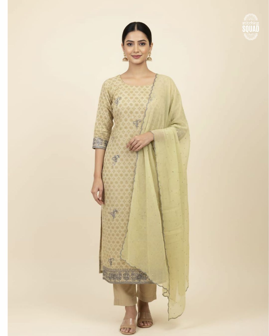 Printed Organza Suit with Grey Thread & Cutdana Embroidery