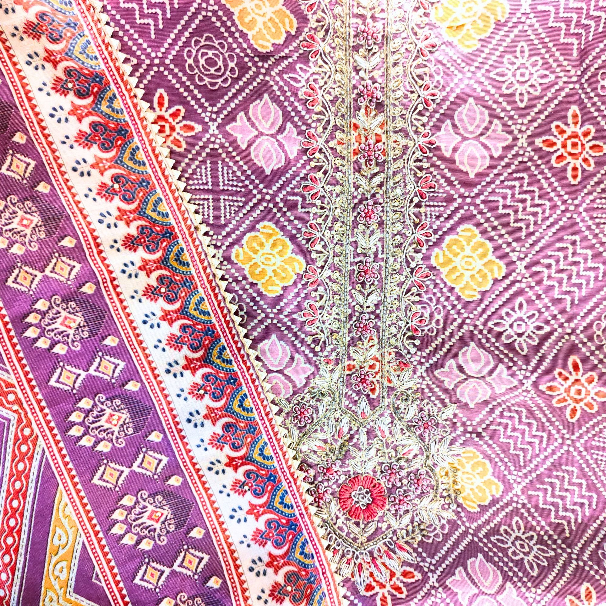 TISSUE SUIT WITH HAND EMBROIDER BANDHEJ PATTERN KURTI